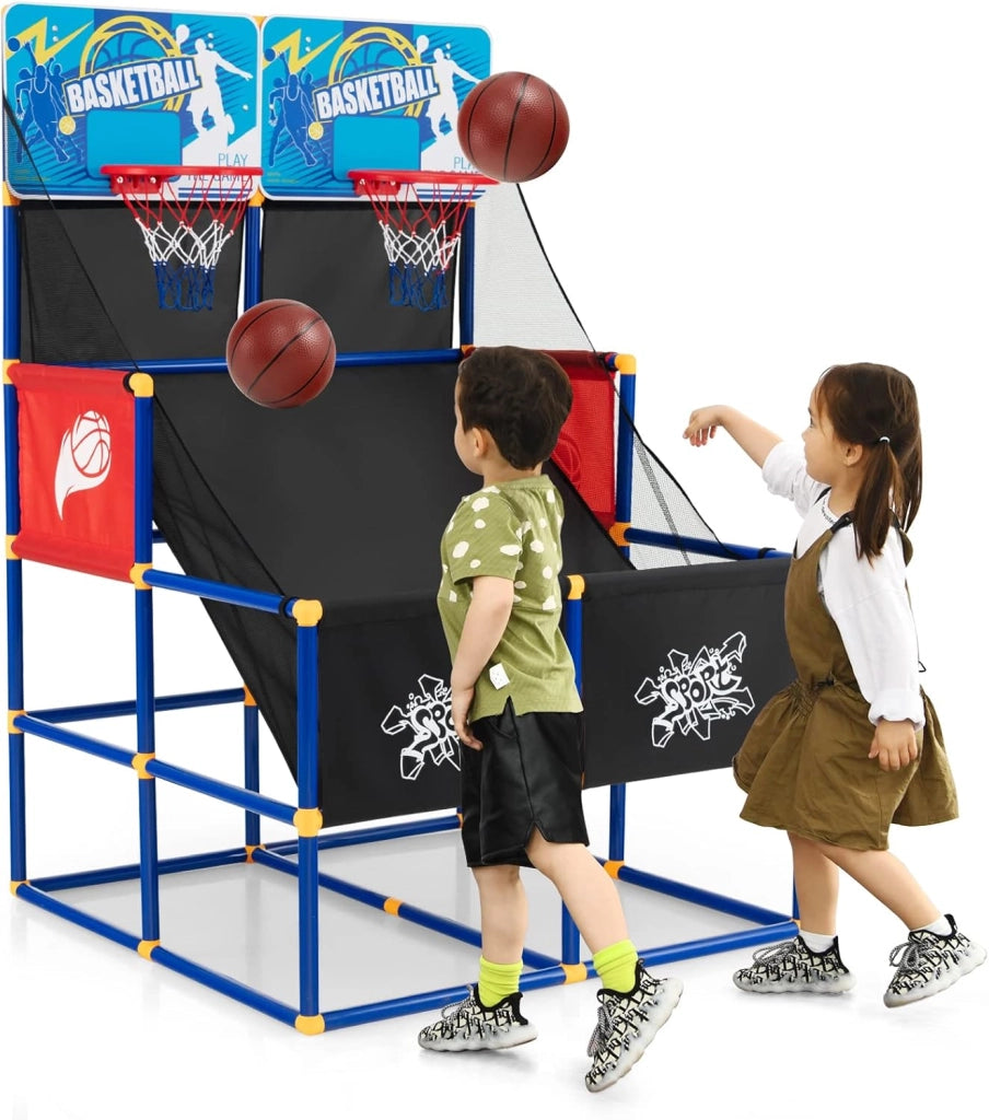 Canestro Basket da Camera per Bambini, Gioco Pallacanestro a Doppio Tiro con 4 Palline e Pompa di Gonfiaggio, Ideale per Sala Giochi e Cortile e Cameretta, 90 x 90 x 140 cm