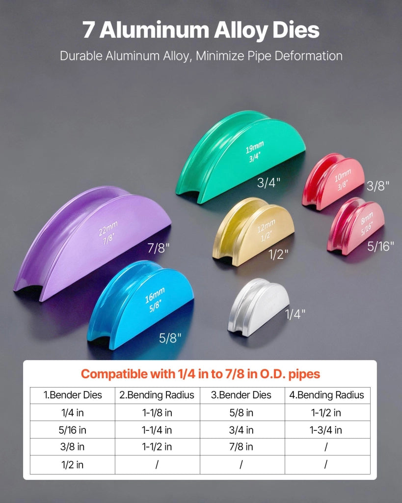 Kit piegatubi manuale a cricchetto con pinza e 7 matrici in lega di alluminio per tubi in rame e alluminio 0-90° avanti/indietro compatto portatile