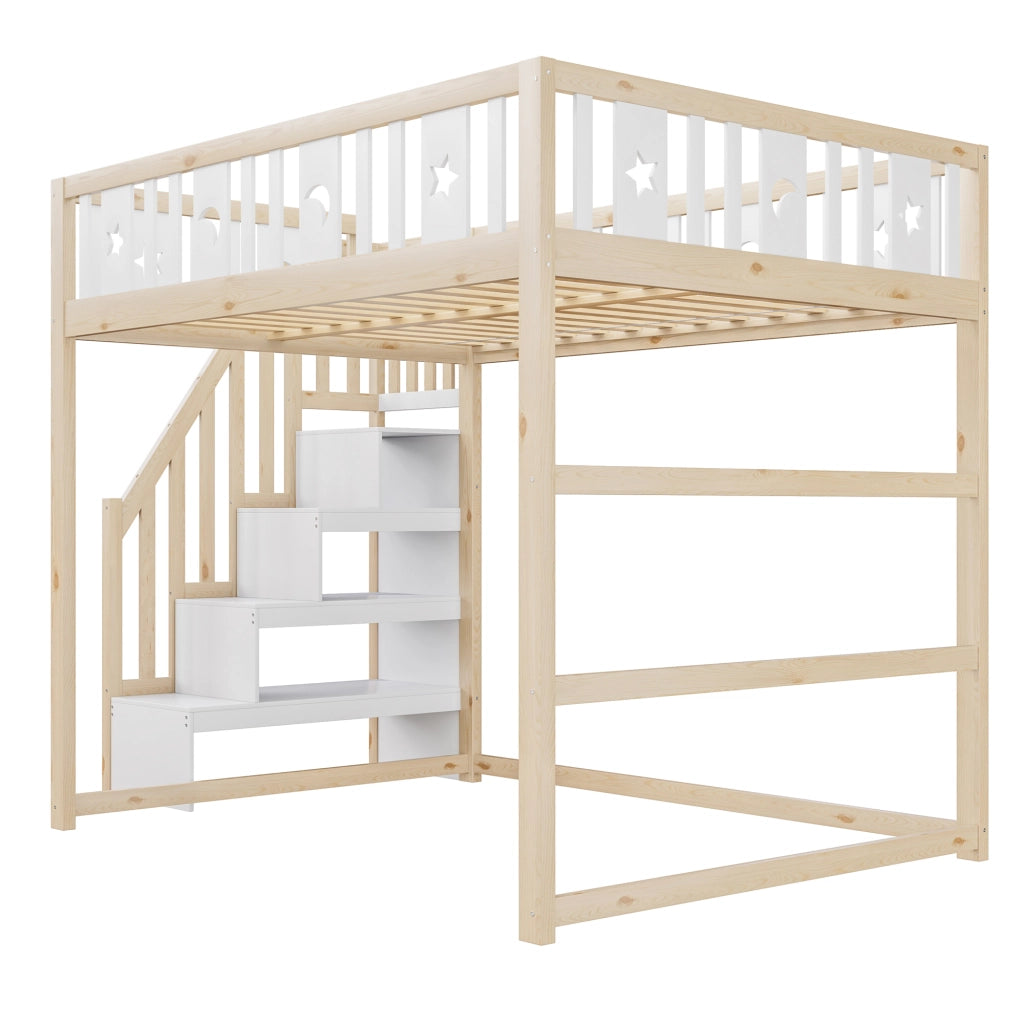 Letto a soppalco 140 × 200 cm con scala ampia ripiani integrati e area divano in legno bianco naturale