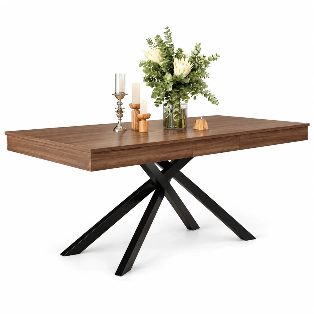 Tavolo da Pranzo Allungabile 140-180x80 cm 6-8 Posti LEMONMAX; Piano MDF Spesso; Gambe Incrociate in Metallo; Finitura Effetto Noce; H 76 cm