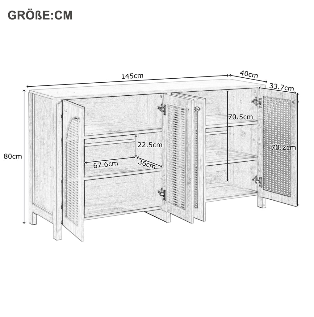 Credenza a 4 ante in rattan sintetico con ripiani regolabili; MDF e metallo; nera