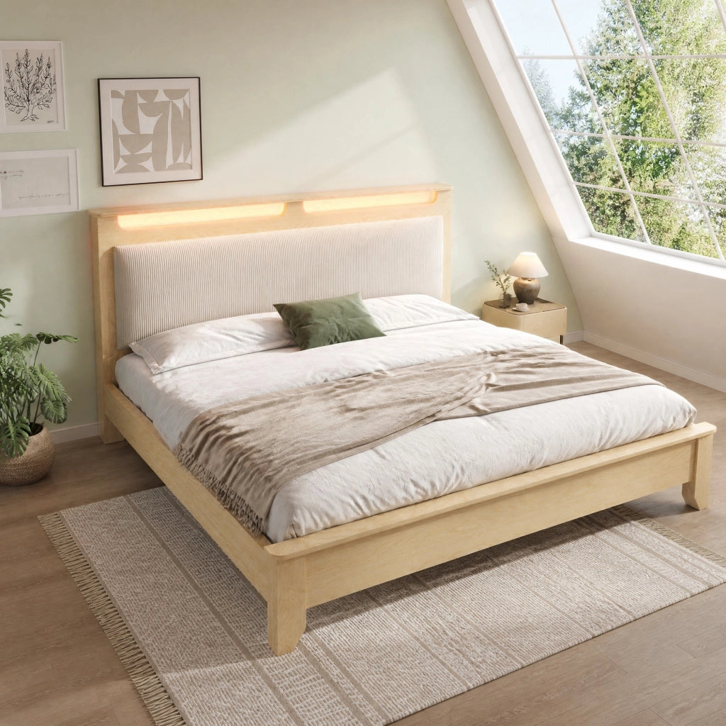 Letto matrimoniale 180 × 200 cm con testiera LED, vano contenitore, senza materasso, in velluto beige