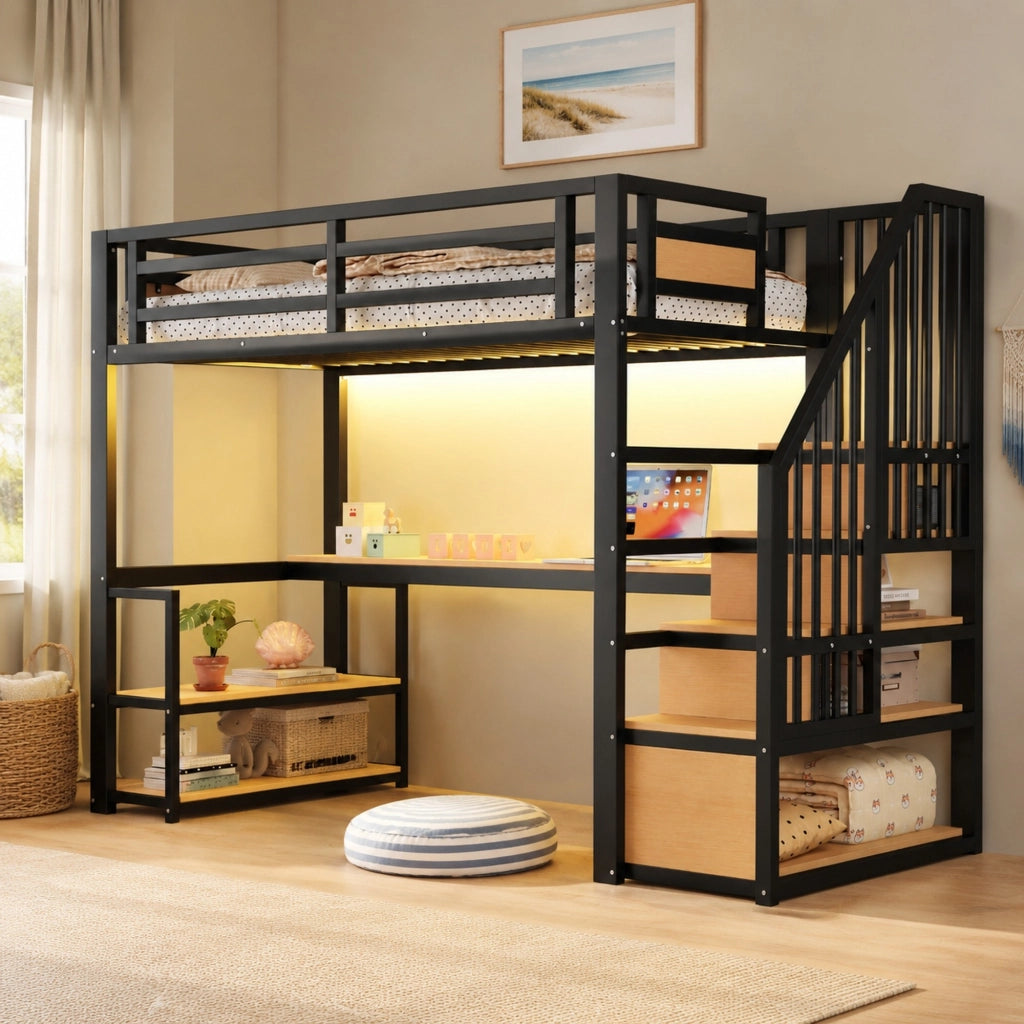 Letto a soppalco 90 × 200 cm con scrivania scaffali scala contenitore metallo e MDF nero con parapetto