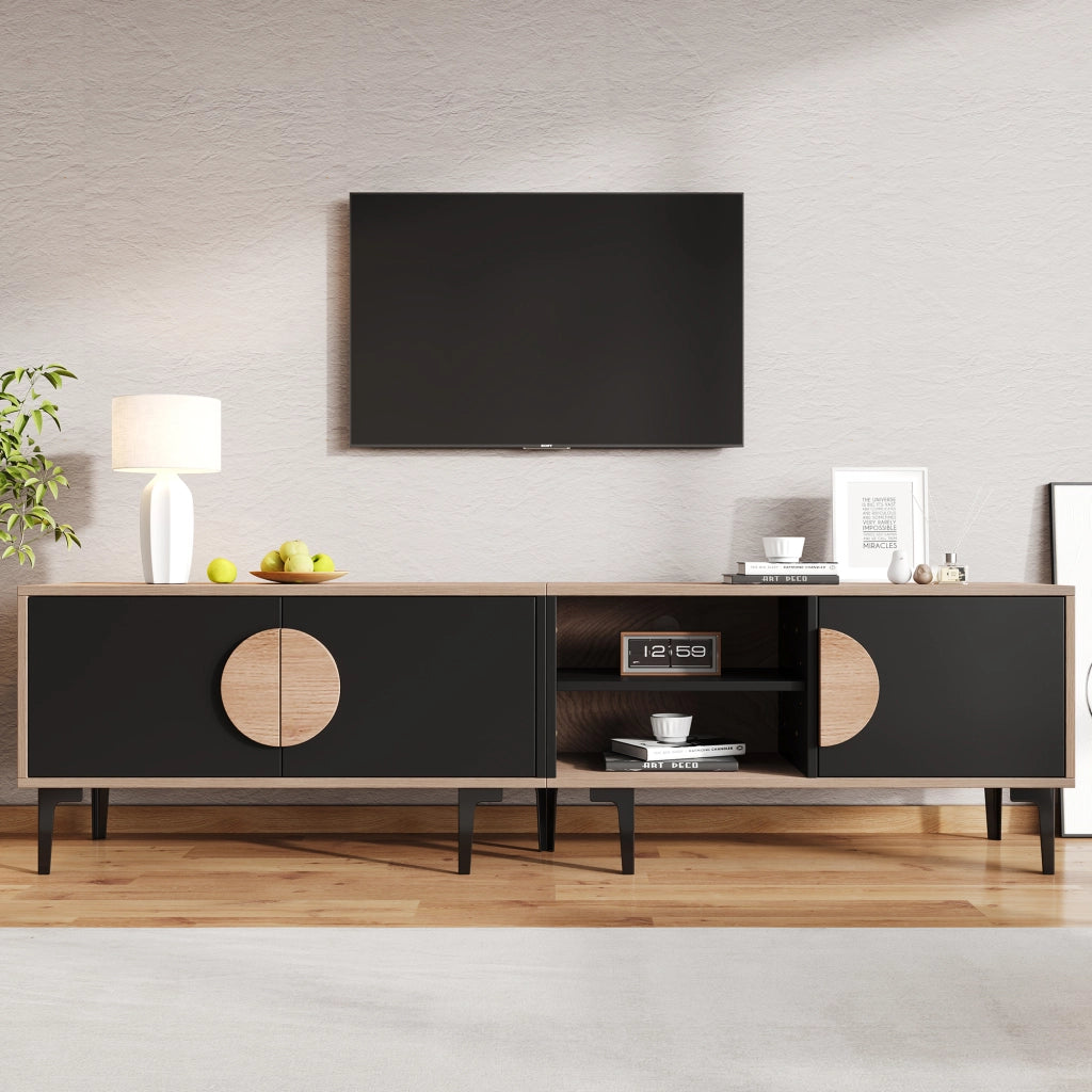 Mobile TV 180x35x49 cm con 3 ante e vani aperti; rovere e nero per TV fino a 80 pollici
