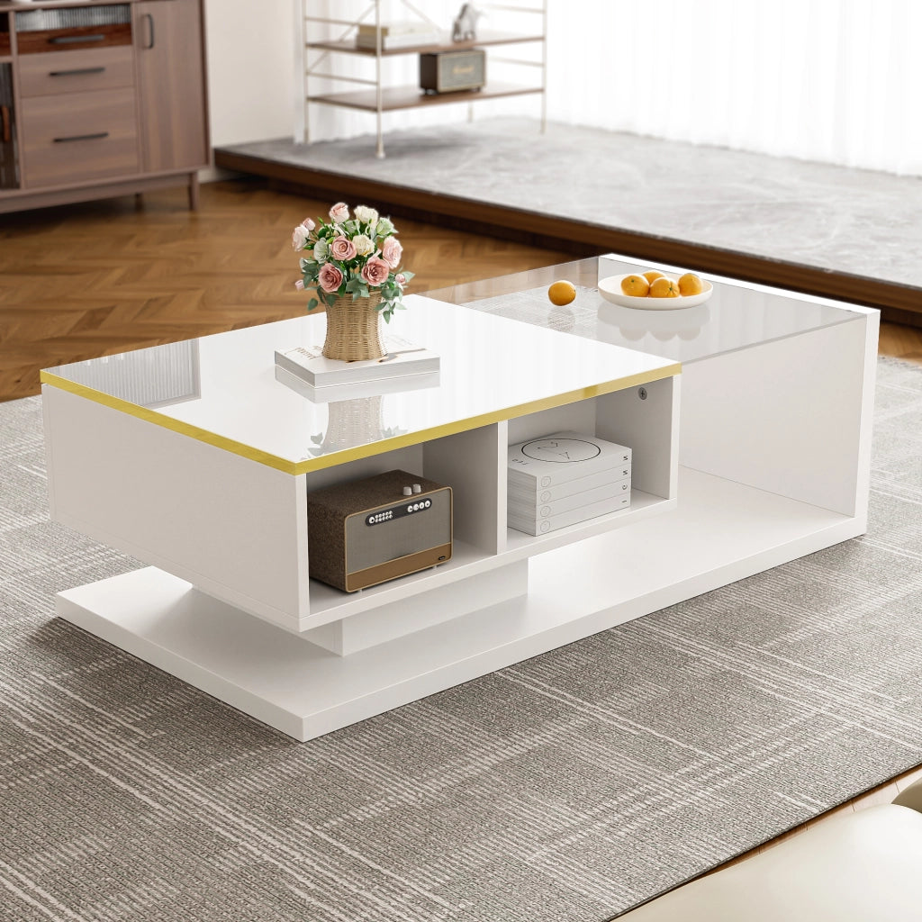 Tavolino basso fisso con vano contenitore e ripiani aperti vetro LED dimmerabile bianco 100 × 50 × 32.5 cm