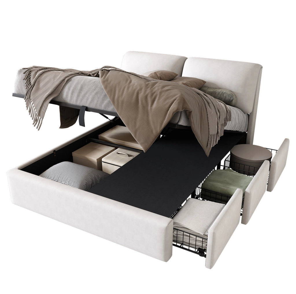 Letto imbottito 140x200 cm con contenitore idraulico; 3 cassetti; rete a doghe e testiera regolabile in velluto beige