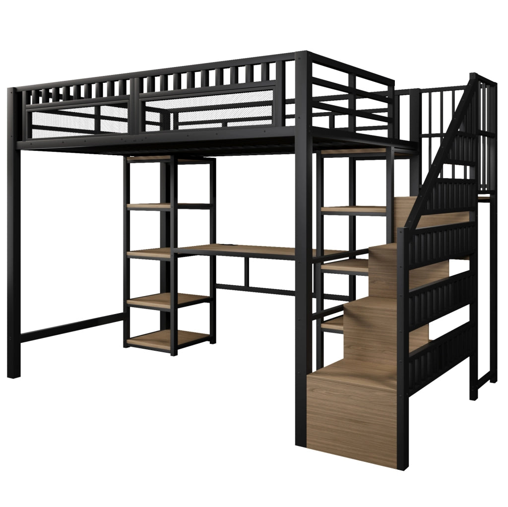 Letto a soppalco 140x200 cm con scrivania, LED e USB in ferro e MDF nero