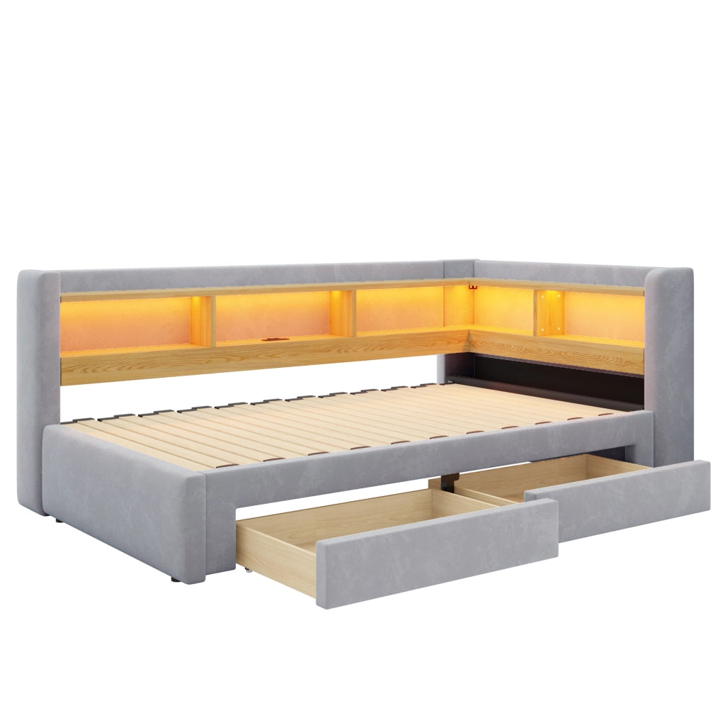 Divano letto 3 in 1 estraibile 90x200 cm; matrimoniale 180x200 cm; LED e cassetti; grigio