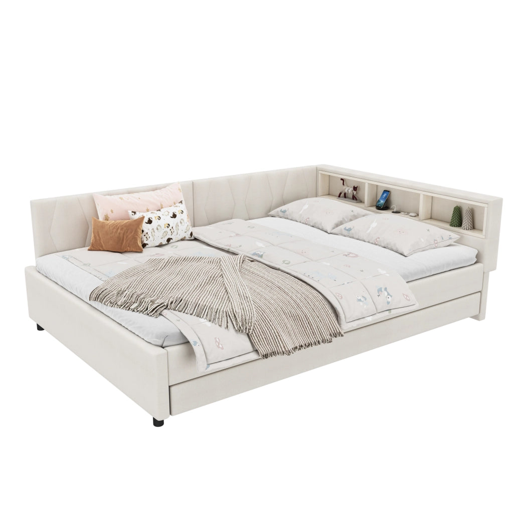 Letto daybed estraibile 140x200 cm con ripiani, presa USB + Type-C e striscia LED, beige, con rete a doghe, senza materasso
