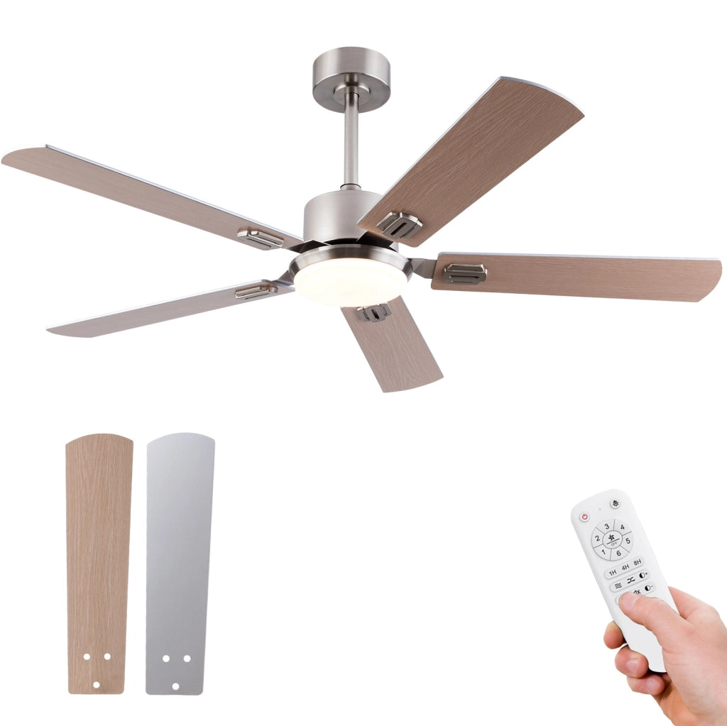 Ventilatore da soffitto con luce LED dimmerabile e telecomando; metallo e legno; color nichel