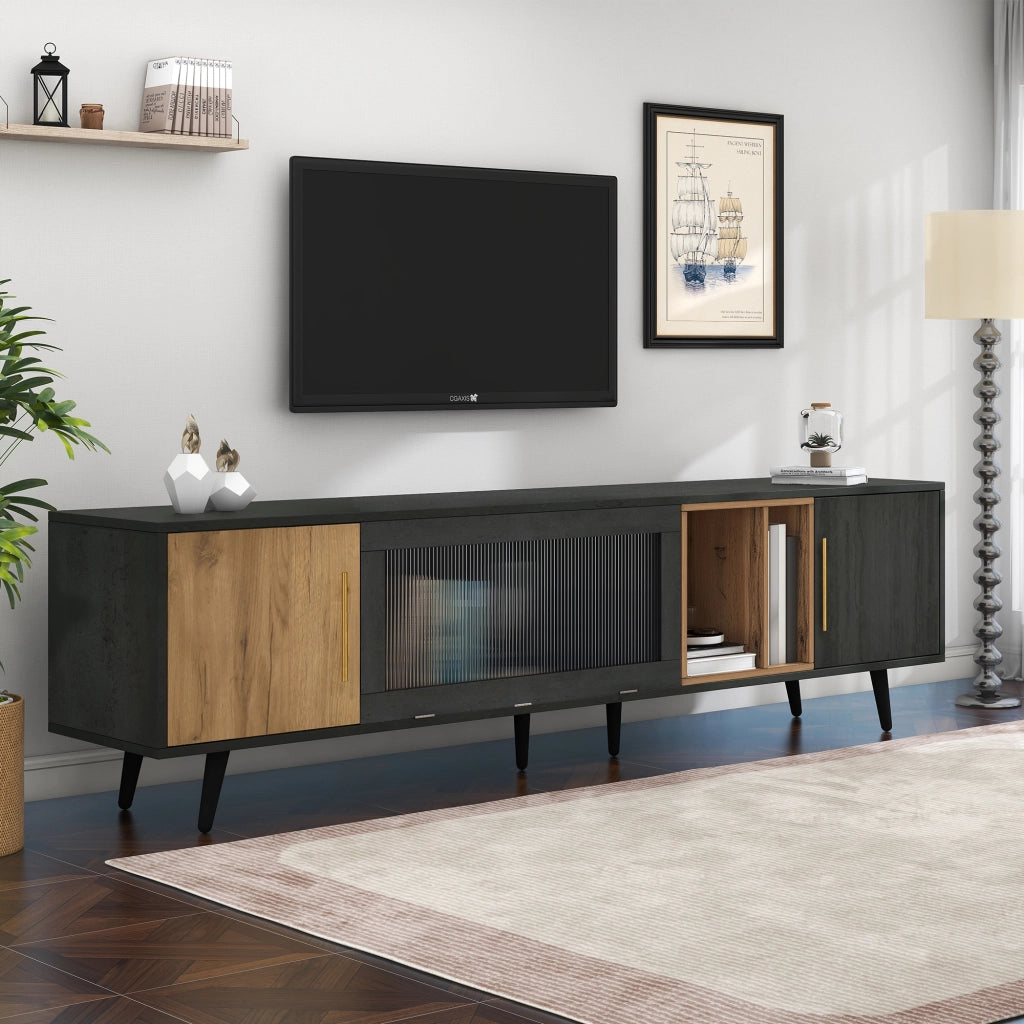 Mobile TV 200x40x55;5 cm in MDF grigio e marrone con ante e vano a giorno
