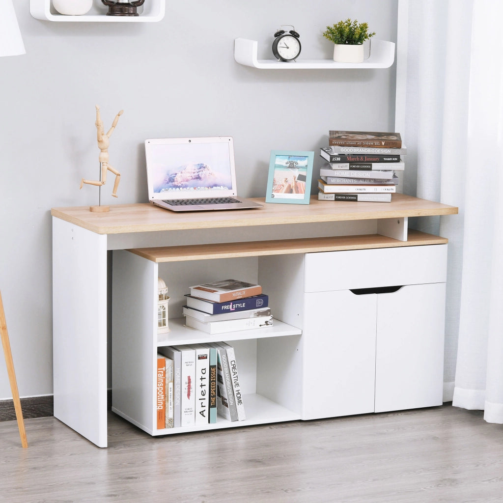 Scrivania Angolare con Libreria a 2 Ripiani, Armadietto e Cassetto, 140x117x76 cm, color Legno e Bianco