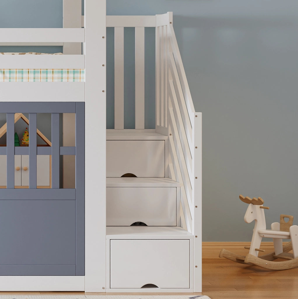 LETTO A SOPPALCO 90x200 cm Bianco e Blu con Scala Contenitore a Casetta