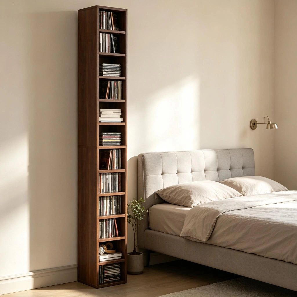 Scaffalatura porta CD a 12 livelli in MDF e truciolare marrone con sistema antiribaltamento 21 × 20 × 175 cm