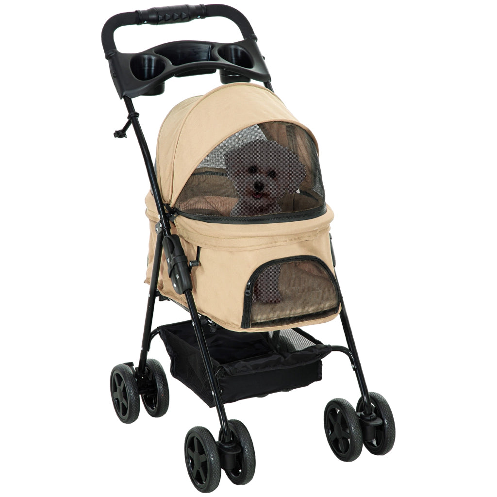 Passeggino per animali pieghevole in tessuto oxford khaki con ruote anteriori girevoli e freni 67 × 45 × 96 cm