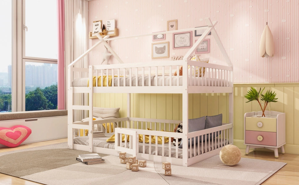 Letto a castello per bambini 140x200 cm con scala integrata, struttura in legno massello bianco e protezioni di sicurezza