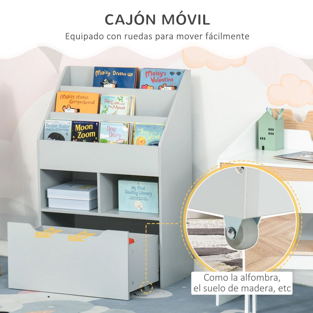 Libreria per Bambini con 3 Ripiani, 2 Cubi e Cassetto con Ruote ¨C Zephmum ¨C Grigio 60x30x90 cm