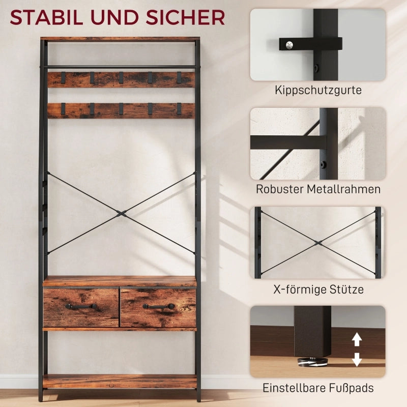 Guardaroba da ingresso con panca portascarpe; 10 ganci e 2 cassetti in tessuto; marrone rustico 80 × 30 × 180 cm