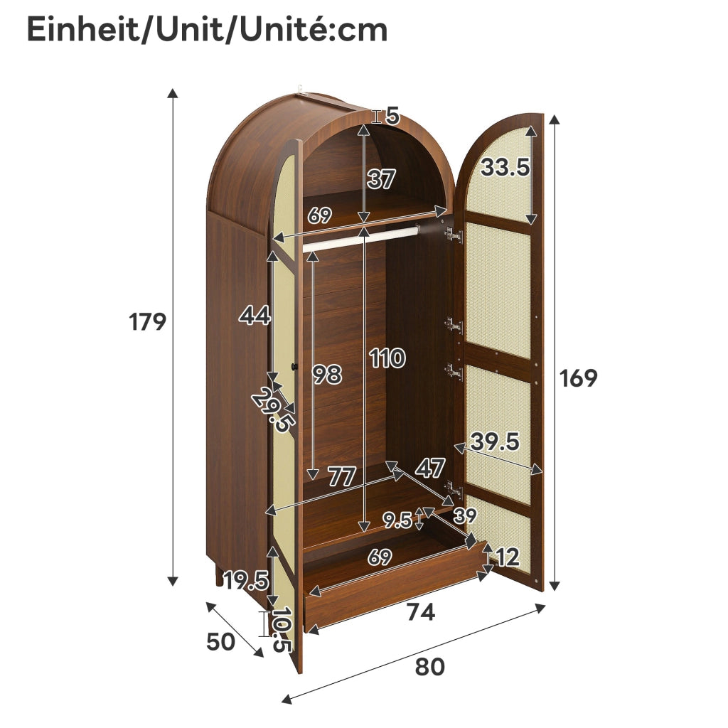 ARMADIO con bastone appendiabiti e cassetti 80x50x179 cm Noce MDF e truciolare