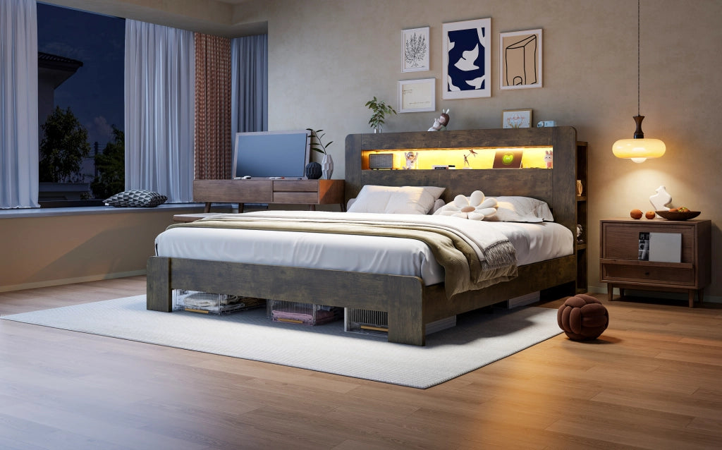 Letto in legno con testiera contenitore, illuminazione LED e prese integrate 180x200 cm Vintage