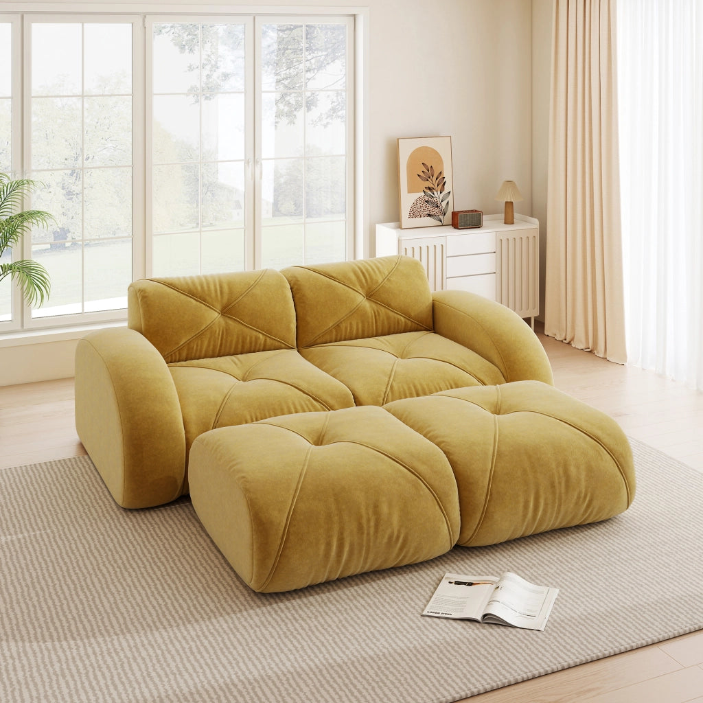 Divano modulare 2 posti con 2 pouf; senza struttura; per soggiorno; in chenille gialla