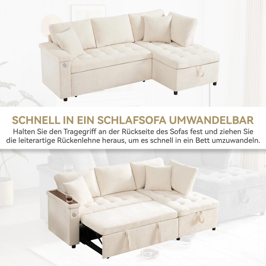 Divano angolare 3-4 posti con letto estraibile, contenitore e USB in chenille beige