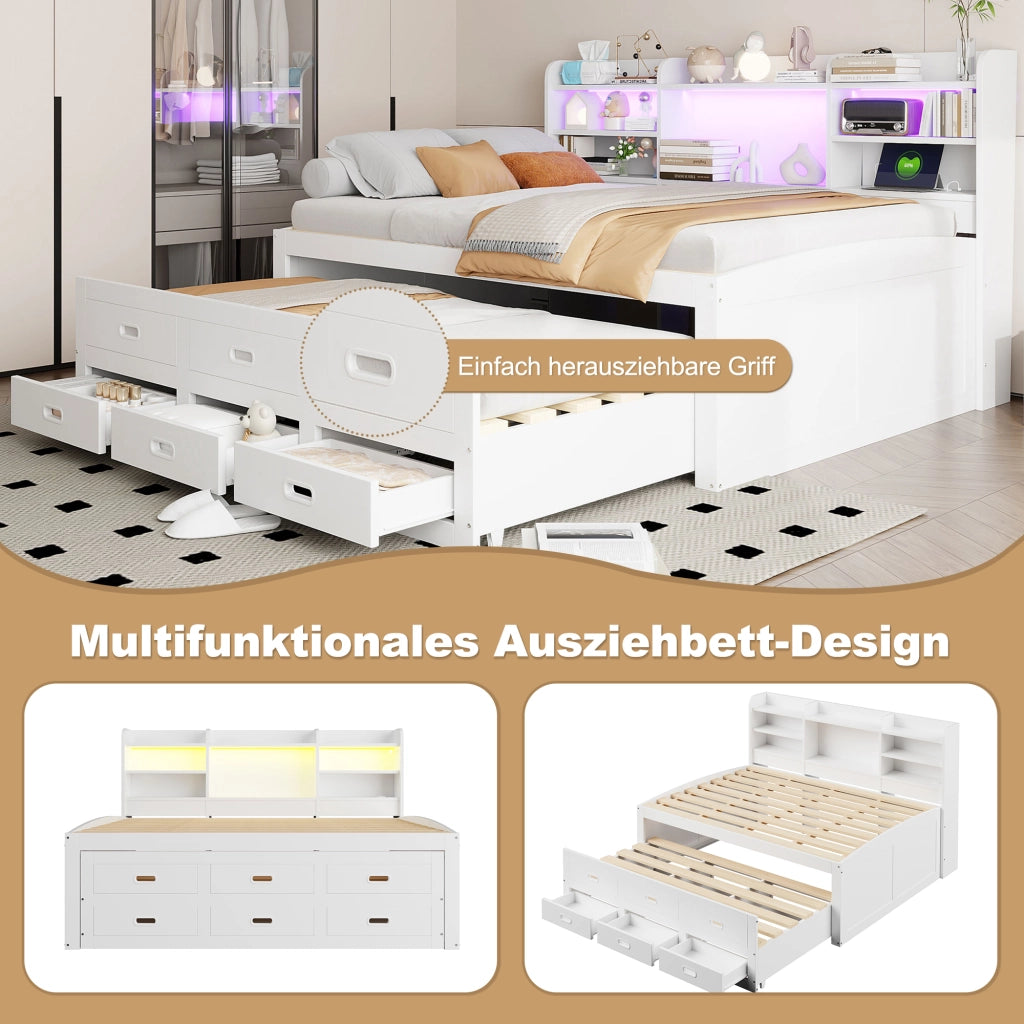 OKWISH Letto a Scomparsa 140×200 cm, Letto Matrimoniale con LED Regolabile, 3 Cassetti, USB, Tipo C e Ripiani, senza Materasso, Bianco