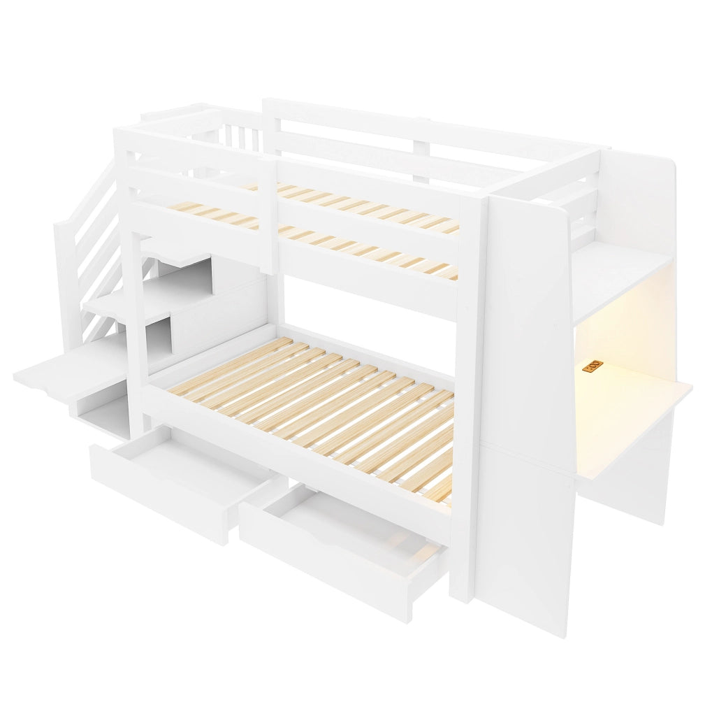 Letto a castello 90x200 cm in legno con scala contenitore; scrivania; LED e 2 cassetti; bianco