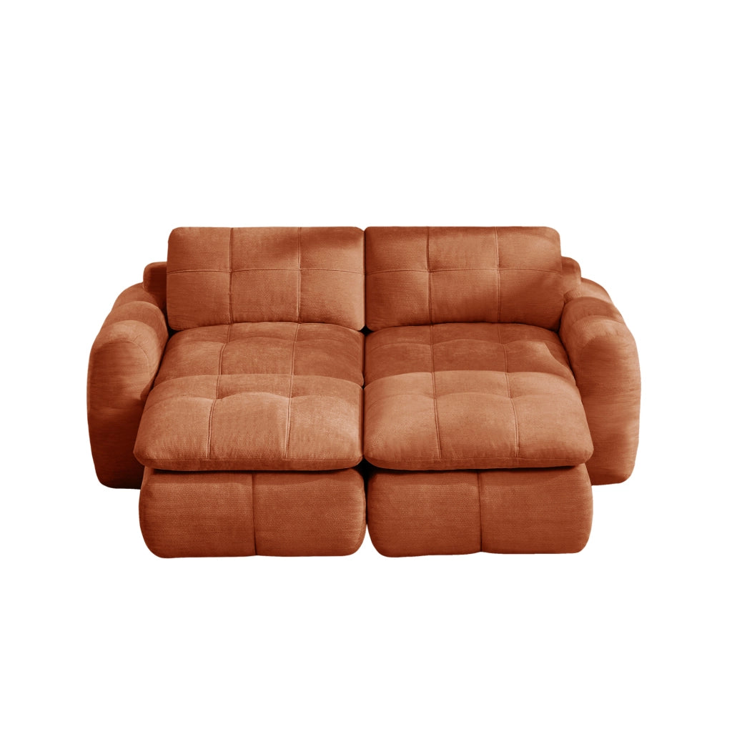 Divano modulare 2 posti 194x160x68 cm in ciniglia arancione, 2 pouf salvaspazio