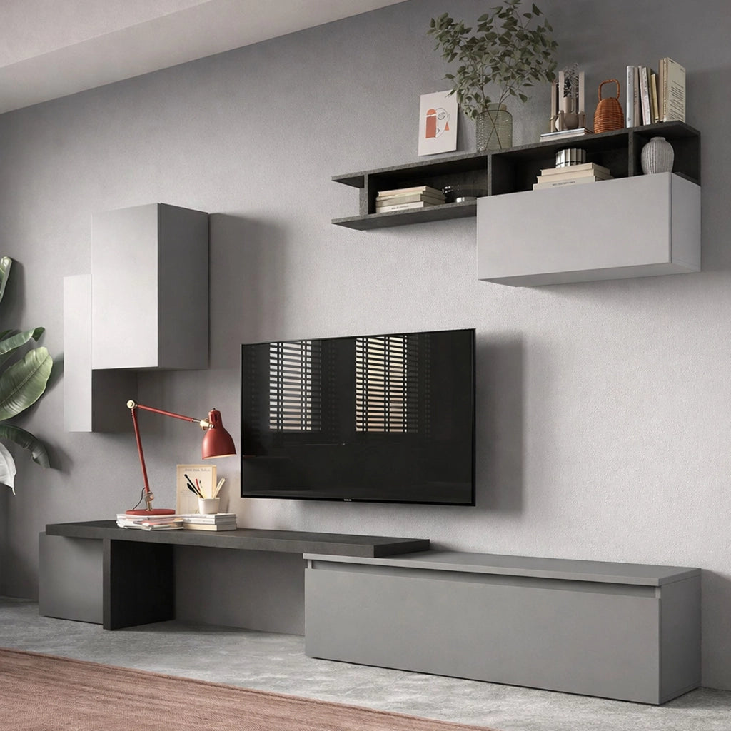 Parete attrezzata Chris, Composizione soggiorno, Mobile salotto multiuso, Armadio porta TV, Made in Italy, 290x40 h210 cm, Ardesia e Grigio