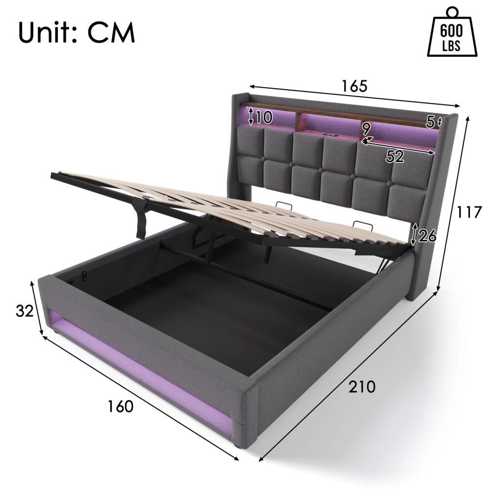 Letto imbottito 160 x 200 cm grigio con LED, USB e contenitore