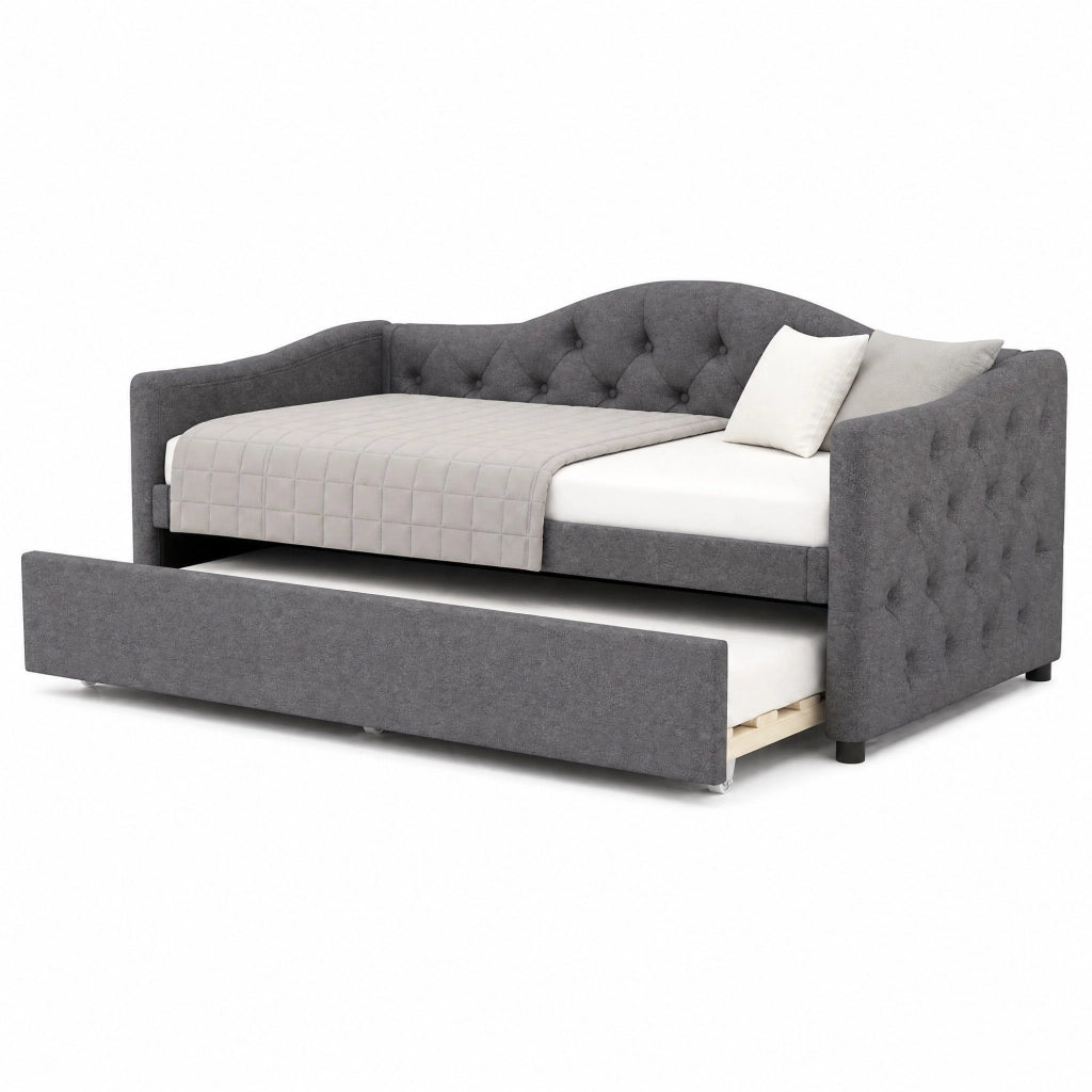 Letto singolo 90x200 cm in lino grigio con letto estraibile, senza materasso