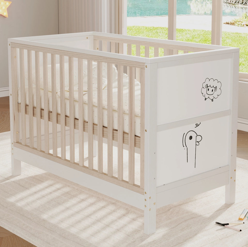 Lettino per bambini 120x60x90 cm con pannelli dipingibili; 3 altezze regolabili; legno; natural e bianco