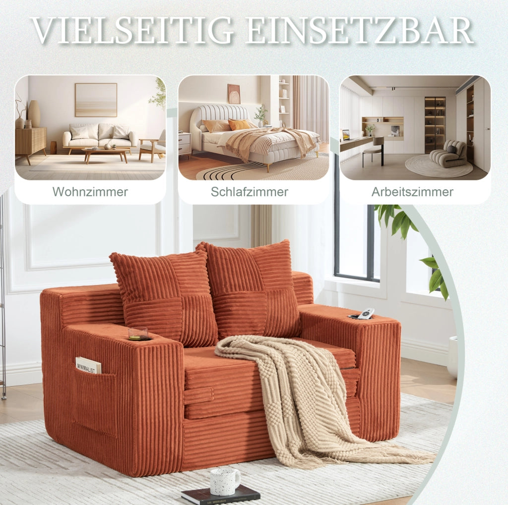 DIVANO Pouf 151x133x64 cm in velluto a coste arancione con 2 cuscini