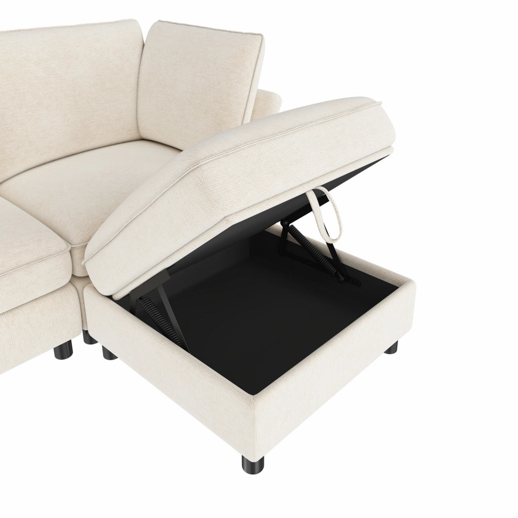 Divano modulare angolare 4 posti in ciniglia beige con pouf contenitore e 2 cuscini
