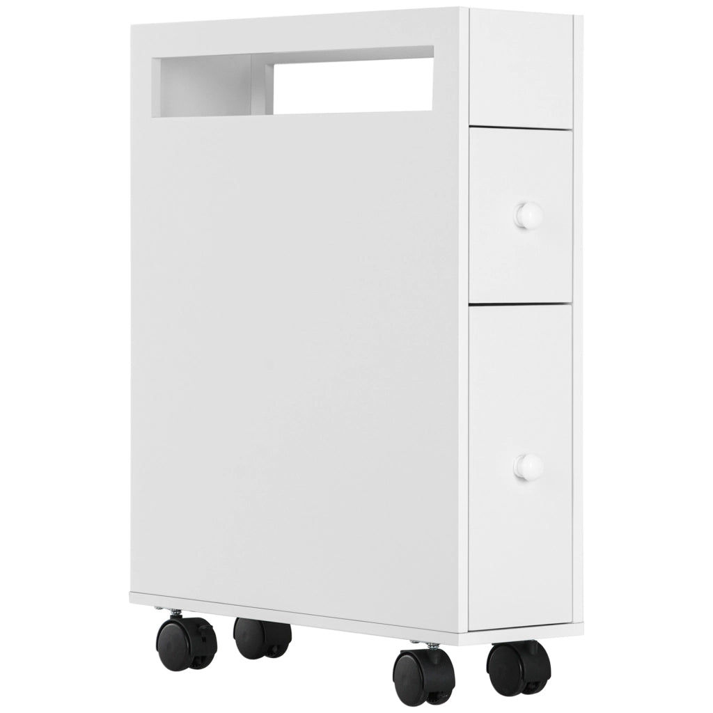 Mobile basso da bagno compatto con ruote; 2 cassetti e vano aperto in MDF bianco 16 × 49.5 × 66 cm