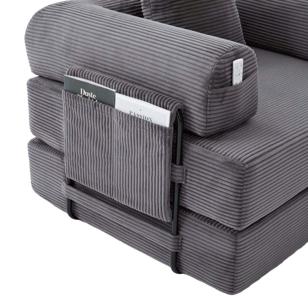 Divano modulare 200x190x67 cm in velluto a coste grigio scuro con tasca laterale