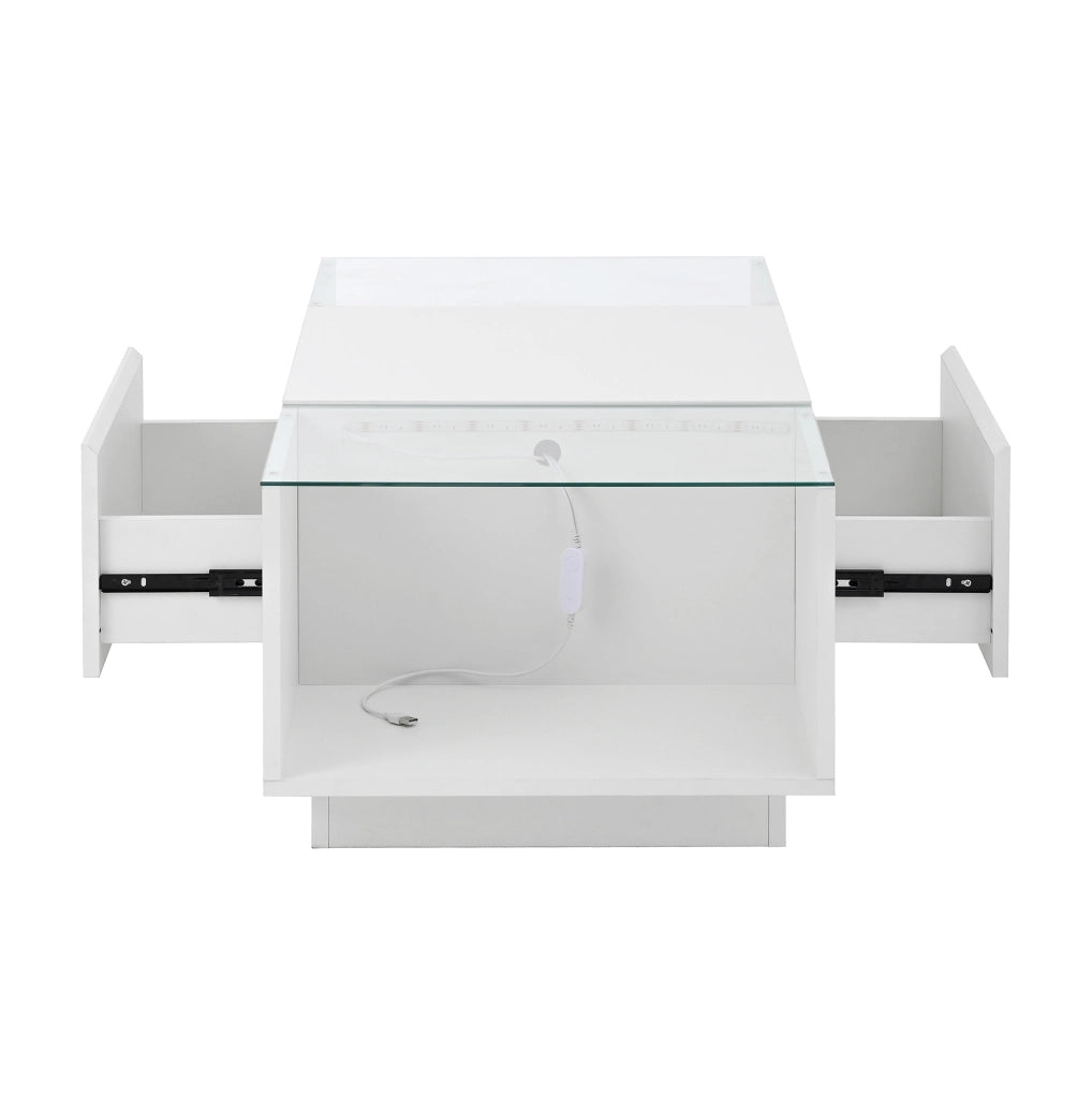Tavolino moderno bianco 105x50x35 cm con ripiani in vetro, LED RGB e 2 cassetti