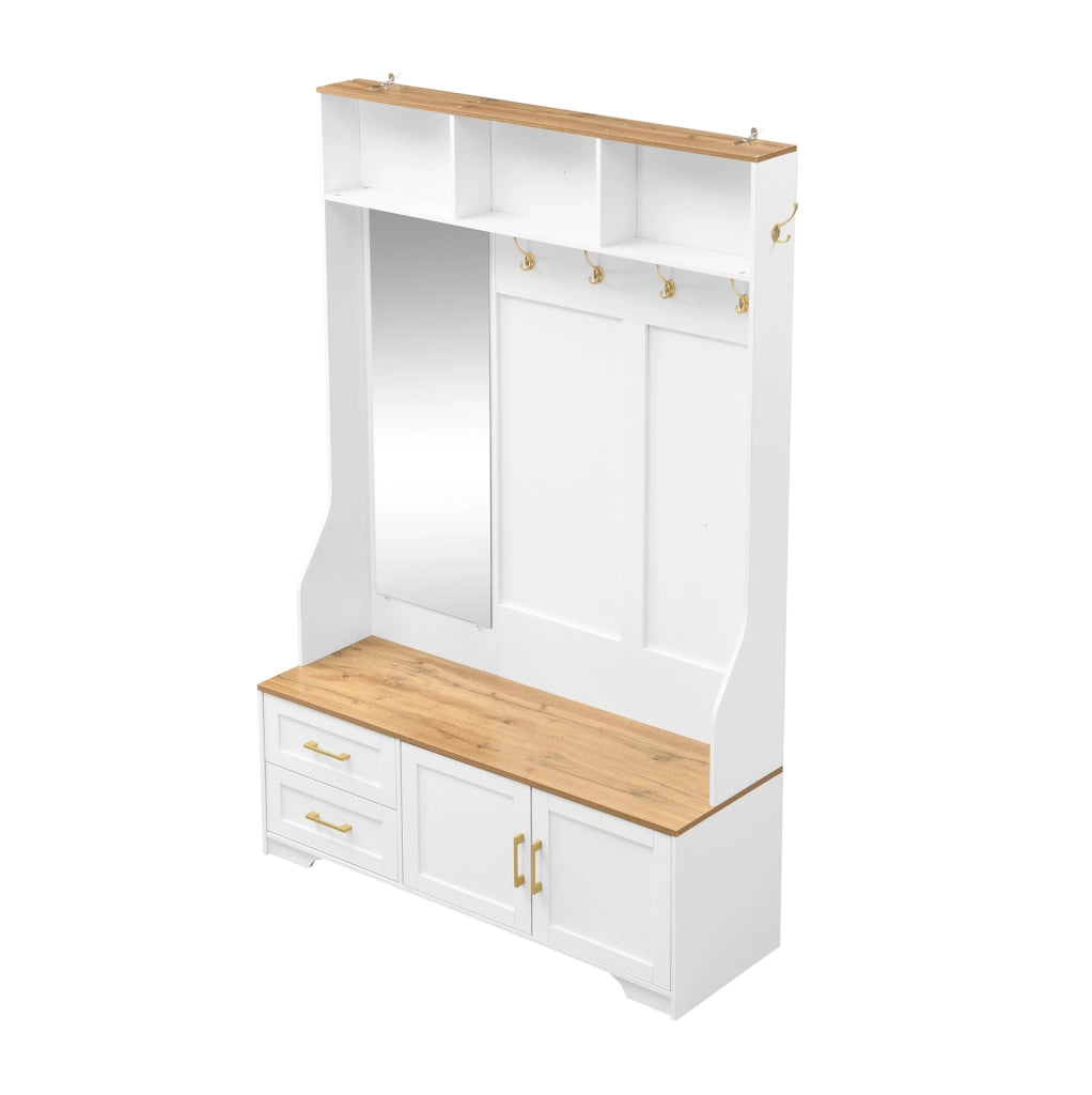 Mobile guardaroba con LED; specchio; ganci e cassetti; 120 x 40 x 187 cm; MDF; bianco ed effetto legno