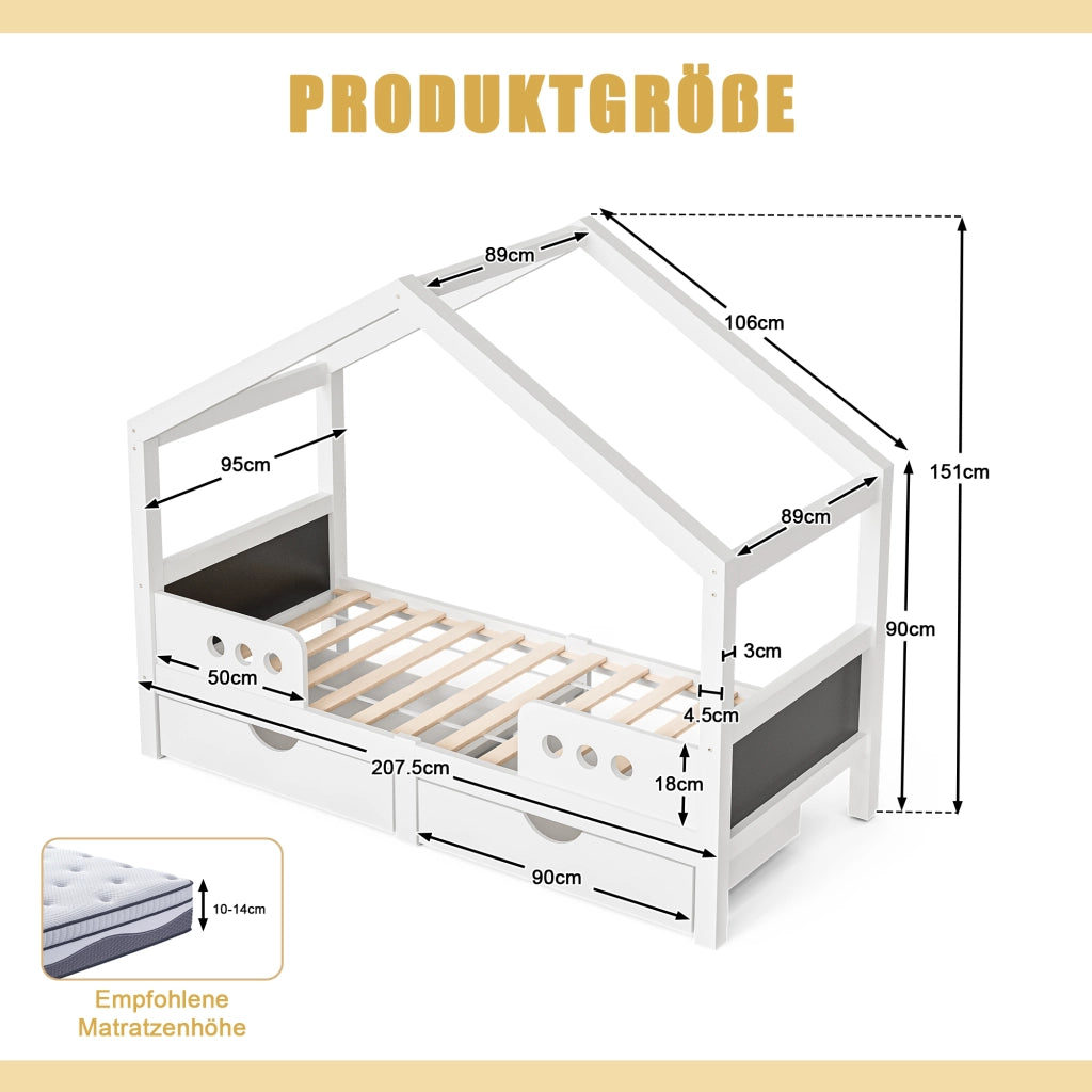 Lettino per bambini con tetto; 2 cassetti e lavagna; 90x200 cm; bianco
