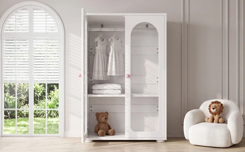 Set 2 Armadi Bambini, 160x50x120 cm, MDF Laccato Bianco con Frontali in Acrilico, Mensole Regolabili, Maniglie in Ceramica Rosa