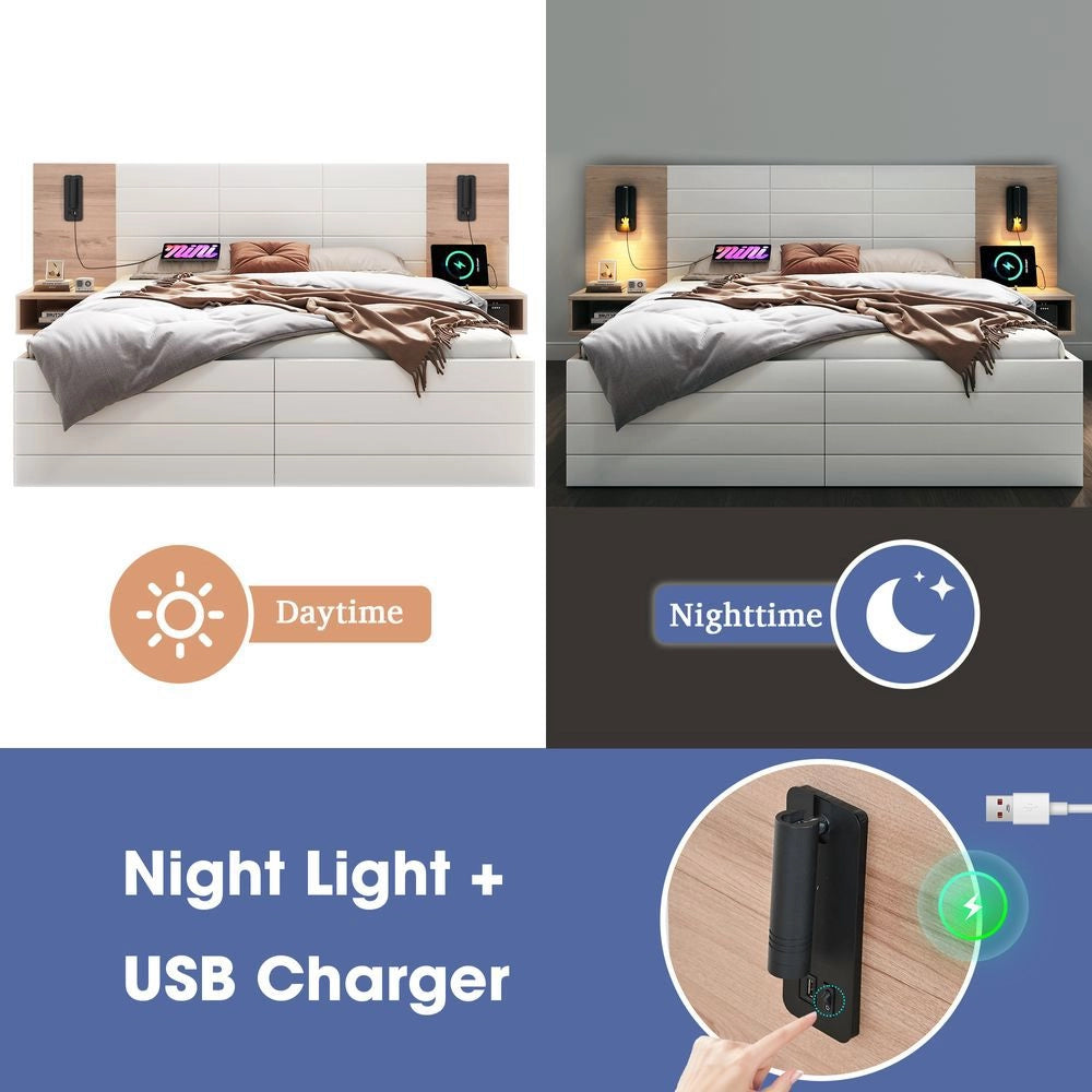 Letto matrimoniale con comodini - Xylo - 160x200 cm - Bianco - Luci di lettura e ricarica USB