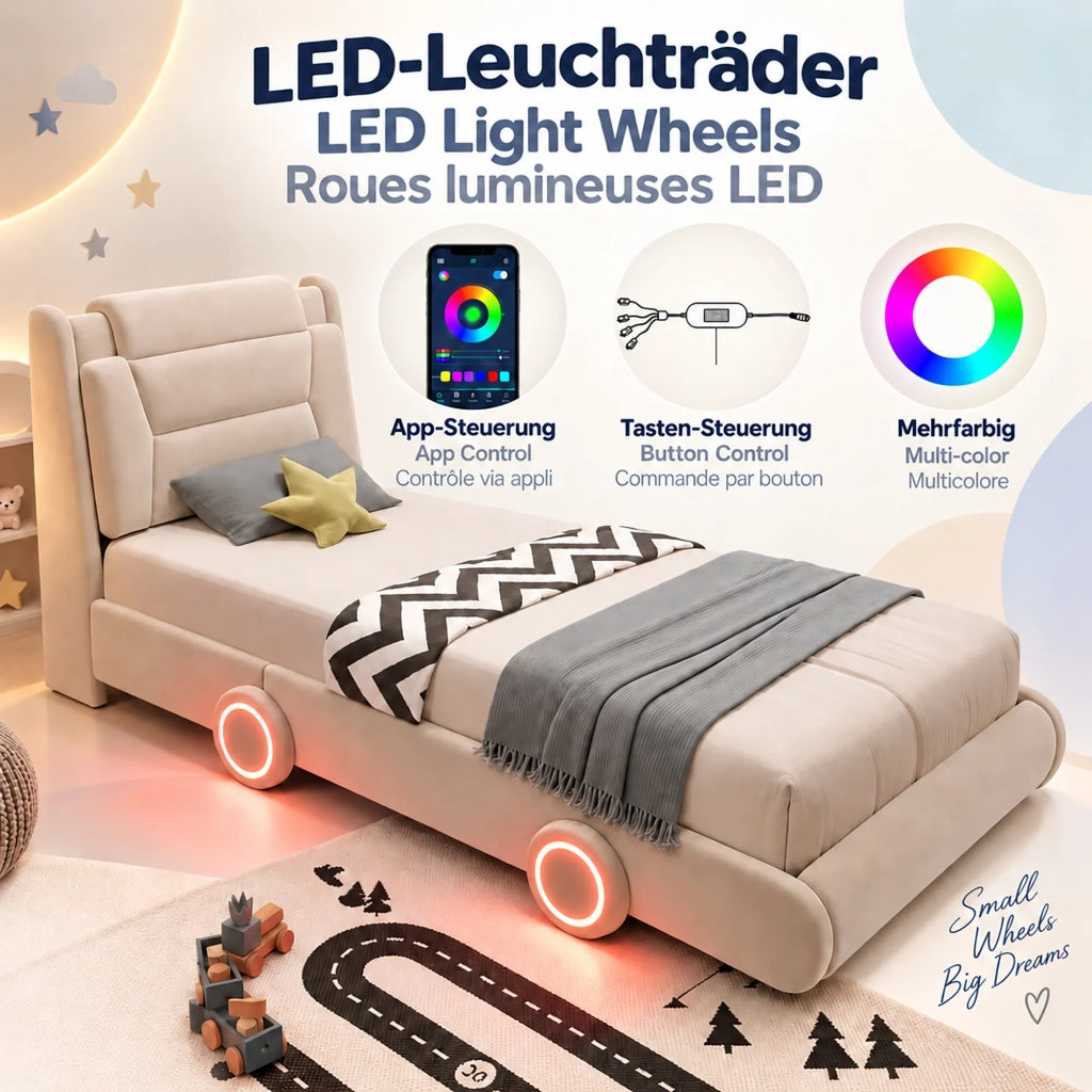 Letto imbottito per bambini 90x200 cm, design auto in flanella color crema, testiera regolabile in altezza su 2 livelli, schienale imbottito, ruote con striscia luminosa