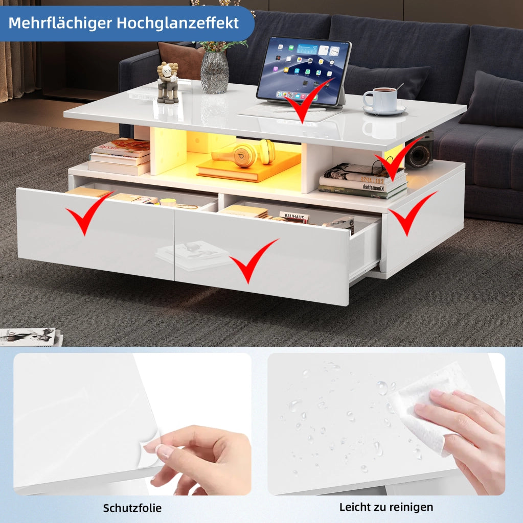 Tavolino da caffè lucido con LED; 2 cassetti; 90x55x41 cm; bianco