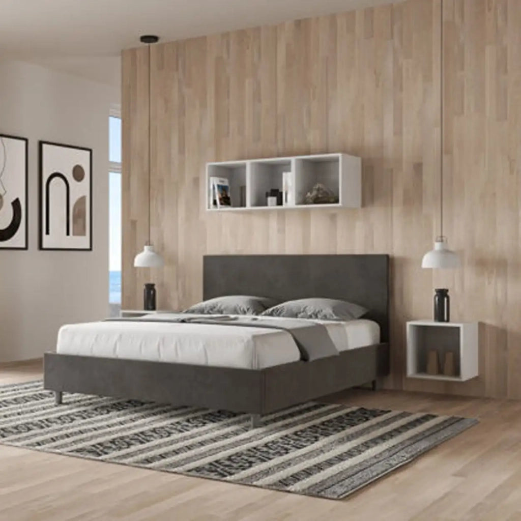 Letto matrimoniale con rete imbottito 160x210 microfibra grigio Adele