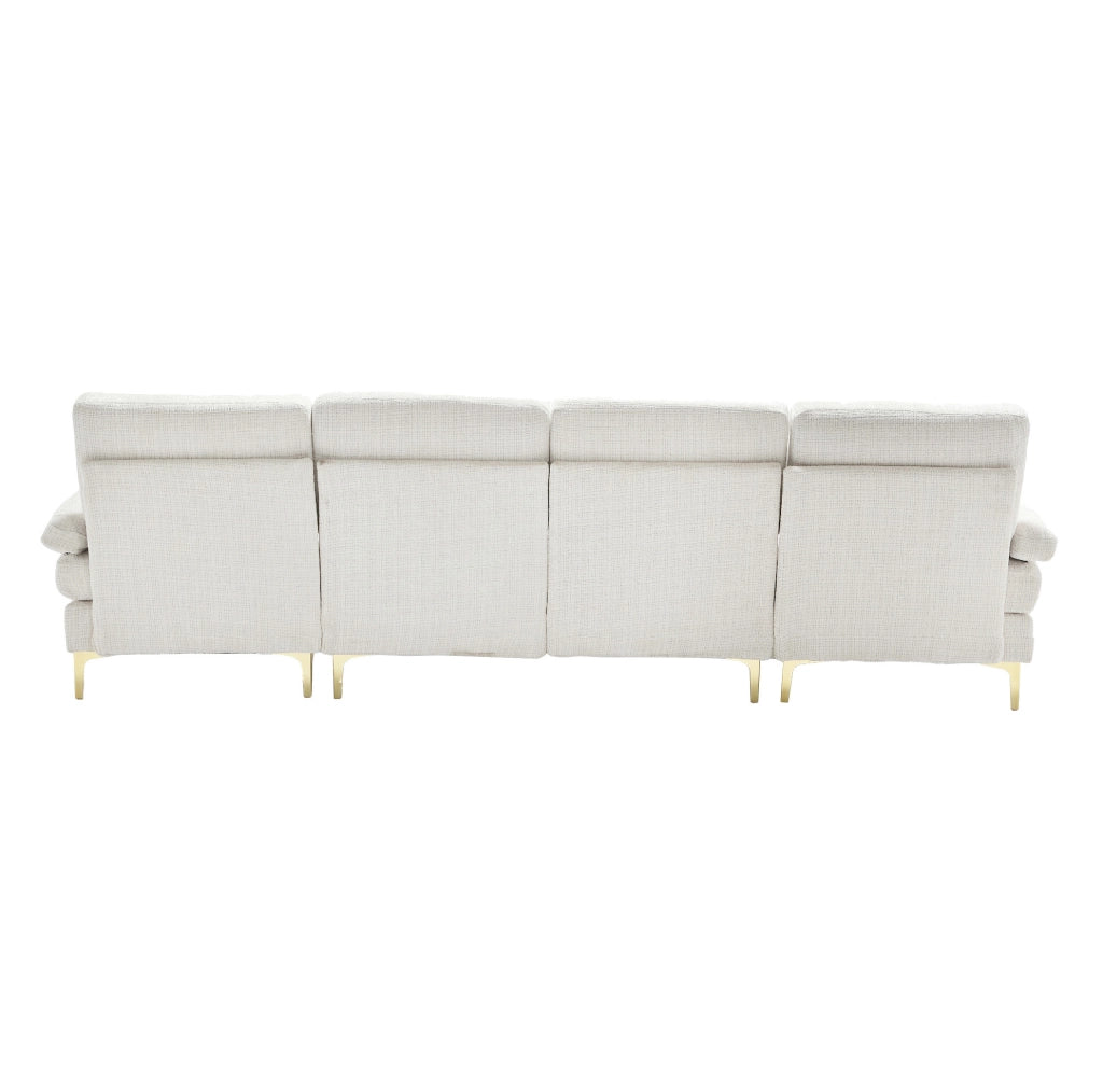 Divano modulare a sezioni Chenille a forma di U con doppi poggiatesta, struttura in legno, piedi in metallo oro, 272x136x88 cm