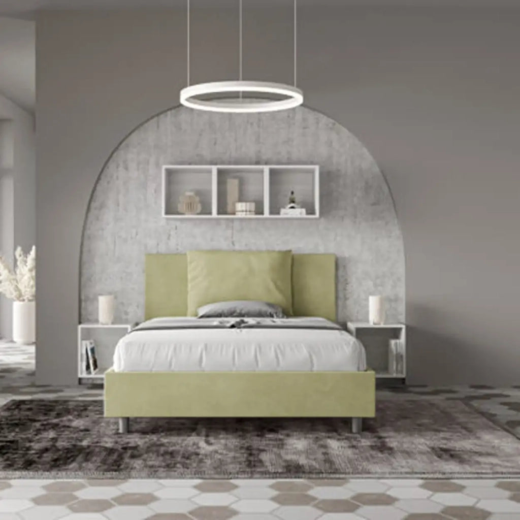 Letto matrimoniale francese senza rete imbottito 140x200 microfibra tè verde Antea