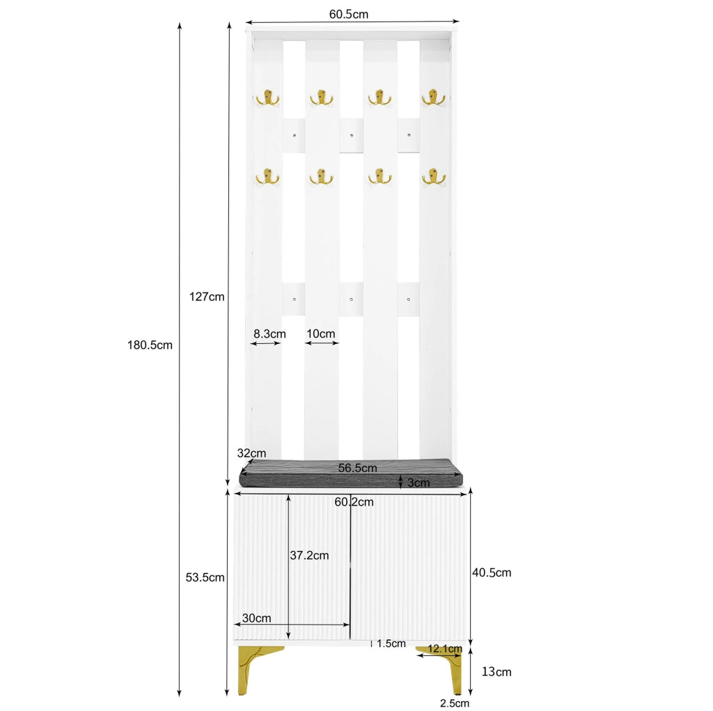 Guardaroba bianco con ripiani regolabili; ganci e cuscini grigi; 60.5 ¡Á 180.5 ¡Á 35.2 cm