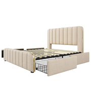 Letto matrimoniale imbottito con testiera beige in lino, 160x200 cm, 4 cassetti, ricarica USB Tipo-C integrata