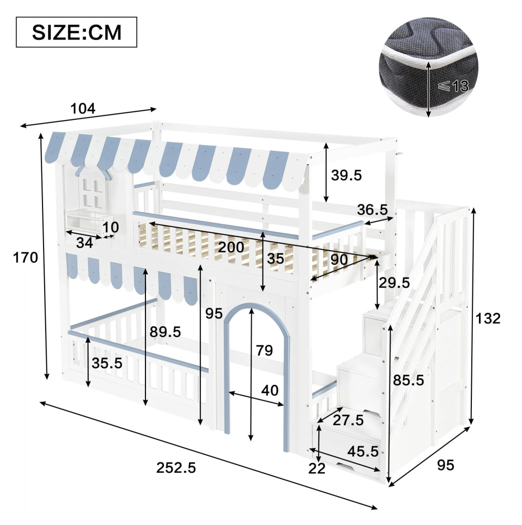 Letto a castello per bambini 90x200 cm con scala contenitore e sponde di sicurezza; bianco e blu